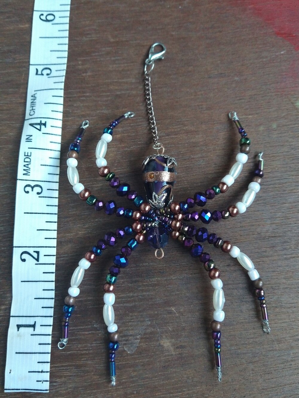 Hand Crafted • Beaded Spider Pendant Necklace - Purple, Brown & Pearl - Picture 5 of 12